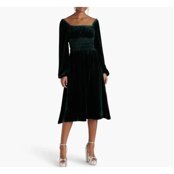 knee length dresses for ladies A Soft Glow Emerald Embellished Velvet Midi Dress, X-Large - The Mint Julep Boutique